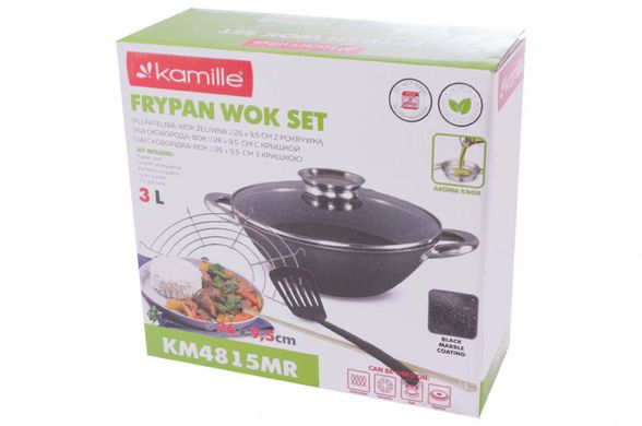 Сковорода WOK чавунна Kamille - 320 мм x 6,5 л мармур з кришкою (4807MR)